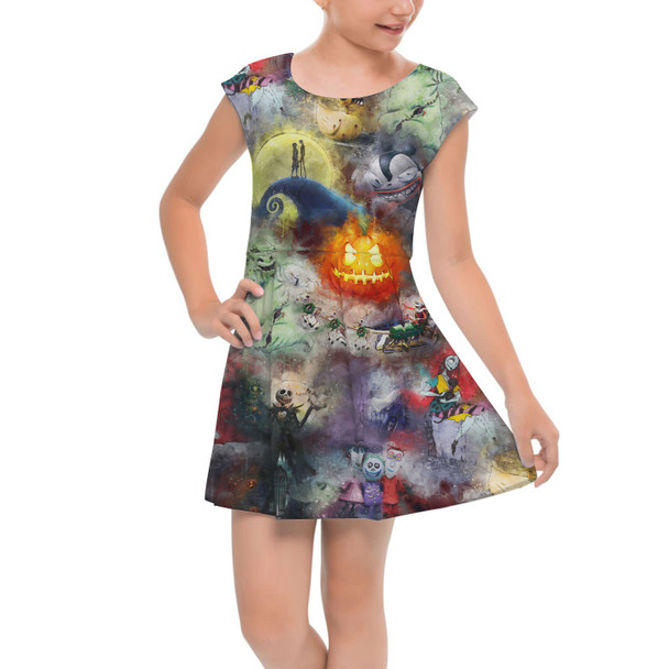 Girls Cap Sleeve Pleated Dress - Watercolor Nightmare Before Christmas