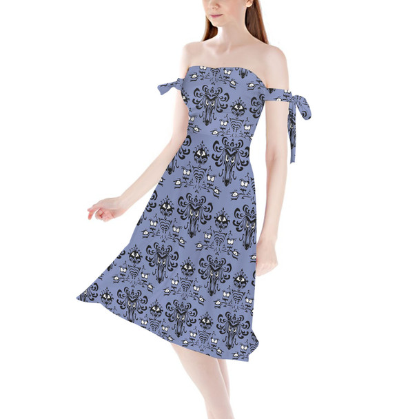 Strapless Bardot Midi Dress - Haunted Mansion Wallpaper