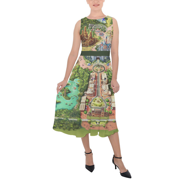 Belted Chiffon Midi Dress - Disneyland Colorful Map