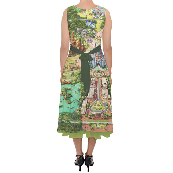 Belted Chiffon Midi Dress - Disneyland Colorful Map