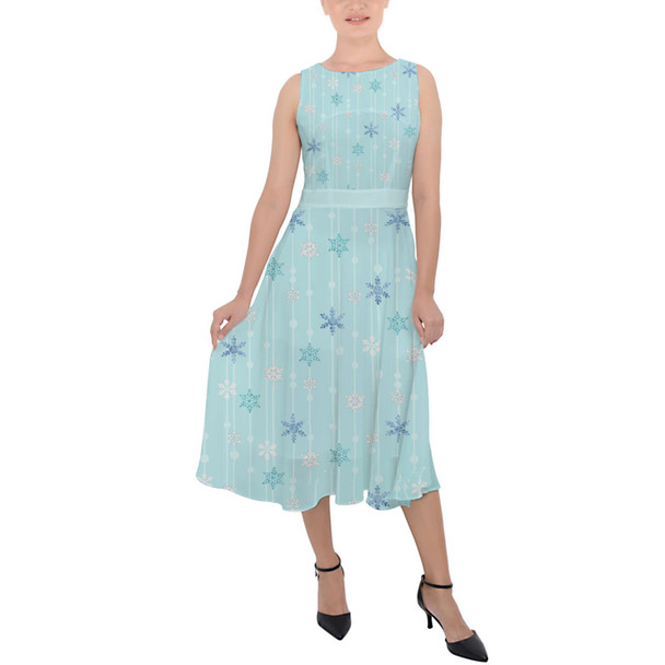 Belted Chiffon Midi Dress - Frozen Ice Queen Snow Flakes