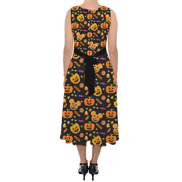 Belted Chiffon Midi Dress - Halloween Mickey Pumpkins