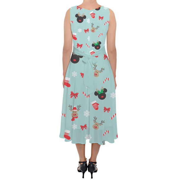 Belted Chiffon Midi Dress - Christmas Mickey & Minnie Reindeers