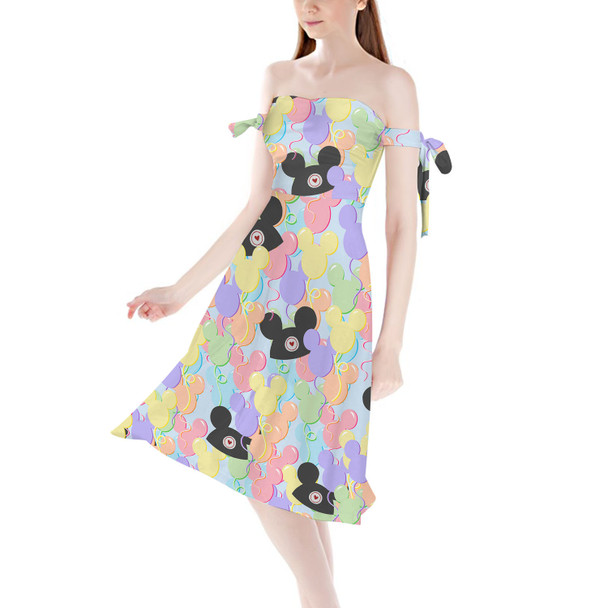 Strapless Bardot Midi Dress - Pastel Mickey Ears Balloons Disney Inspired
