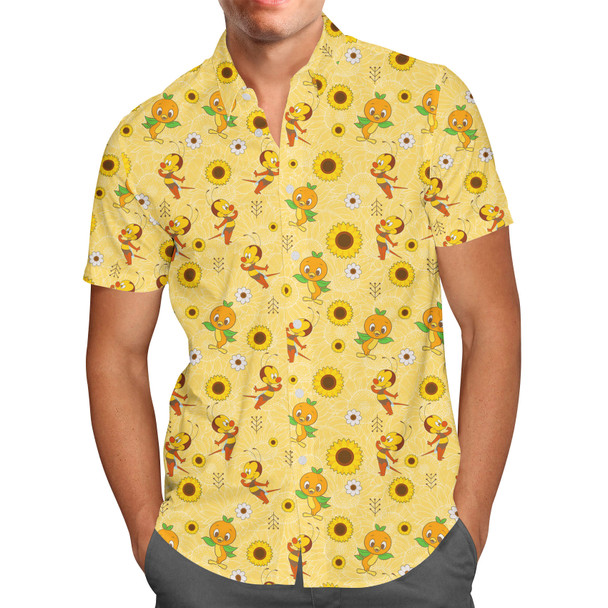Men's Button Down Short Sleeve Shirt - Spike The Bee and Orange Bird