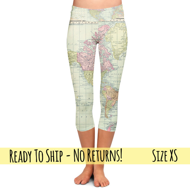 Yoga Waist Capri Leggings - Adult XS / Girl's 8-10 - Antique World Map 1913 - READY TO SHIP