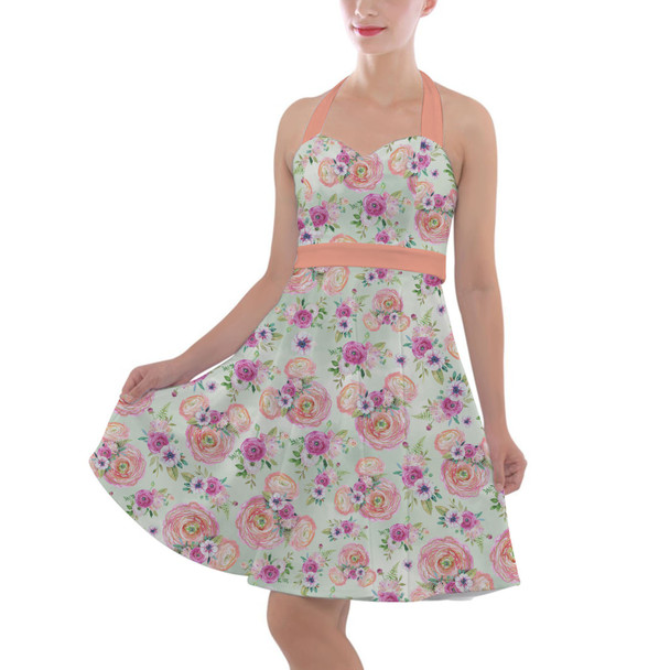 Halter Vintage Style Dress - Peachy Floral Minnie Ears