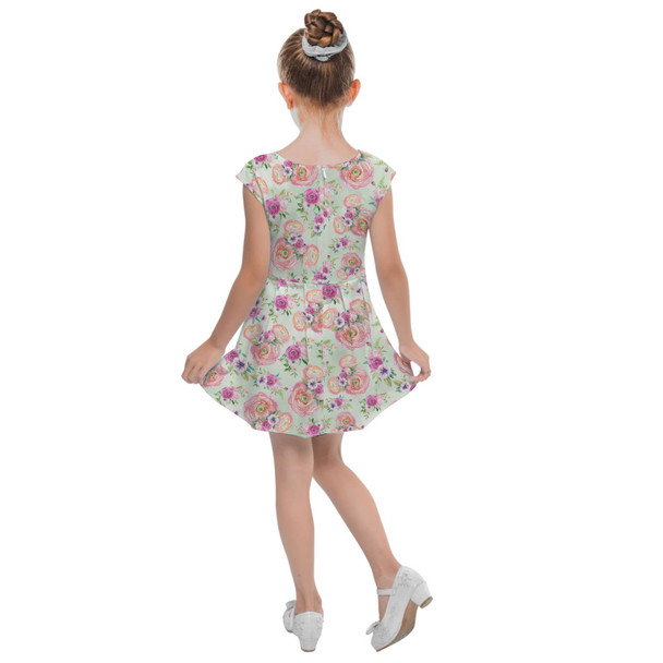 Girls Cap Sleeve Pleated Dress - Peachy Floral Minnie Ears