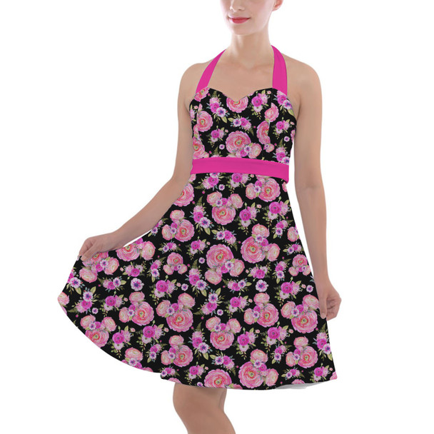 Halter Vintage Style Dress - Fuchsia Pink Floral Minnie Ears