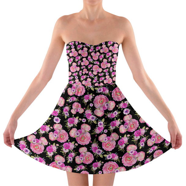 Sweetheart Strapless Skater Dress - Fuchsia Pink Floral Minnie Ears