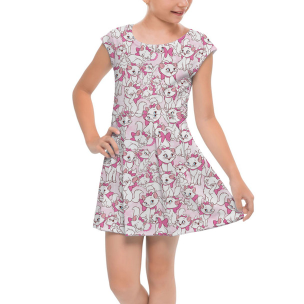 Girls Cap Sleeve Pleated Dress - Marie with her Pink Bow