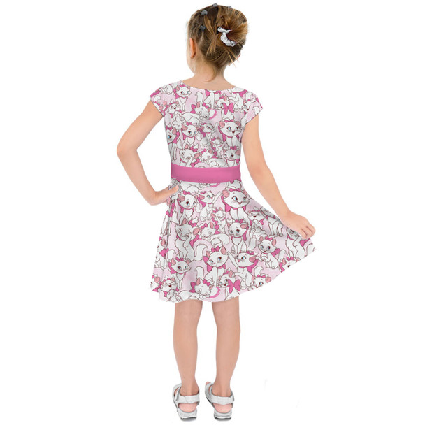 Girls Short Sleeve Skater Dress - Marie with her Pink Bow