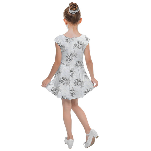 Girls Cap Sleeve Pleated Dress - Sketch of Steamboat Mickey