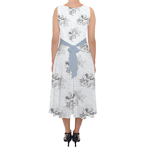 Belted Chiffon Midi Dress - Sketch of Steamboat Mickey