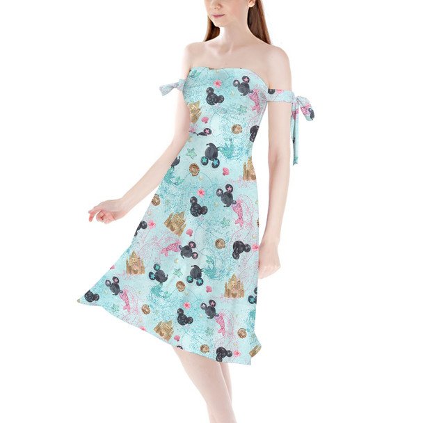 Strapless Bardot Midi Dress - Watercolor Minnie Mermaids