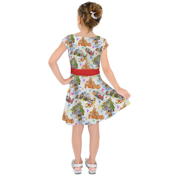 Girls Short Sleeve Skater Dress - Watercolor Disney Parks Trains & Drops