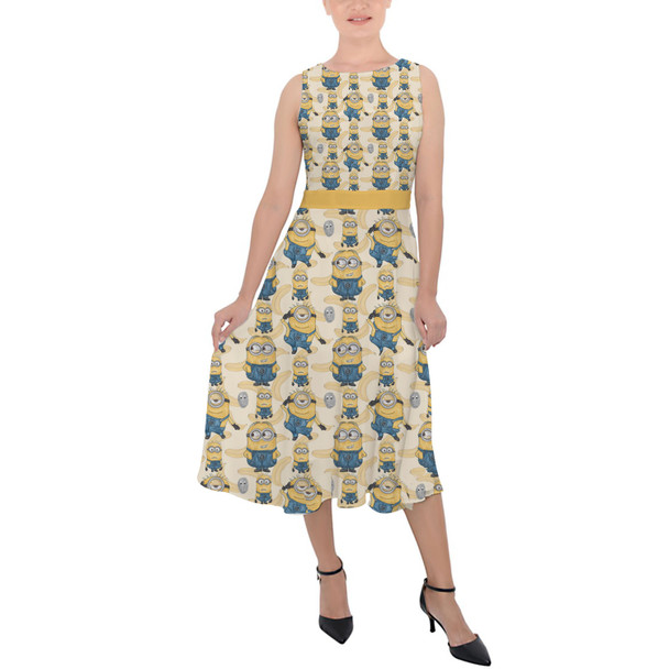 Belted Chiffon Midi Dress - Minions Bananas