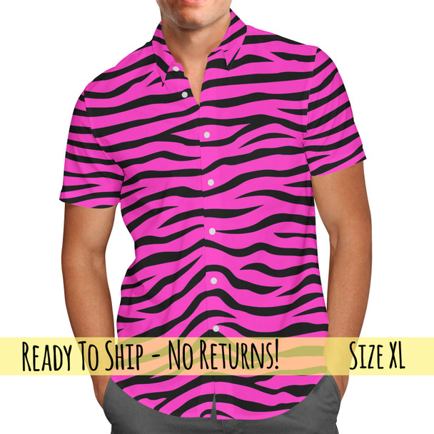 Men's Button Down Short Sleeve Shirt - XL -  Zebra Print Hot Pink - READY TO SHIP