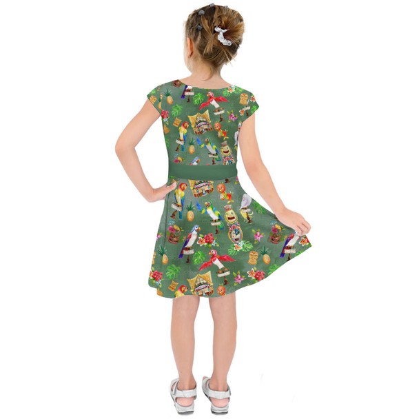 Girls Short Sleeve Skater Dress - Orange Bird & Tiki Friends