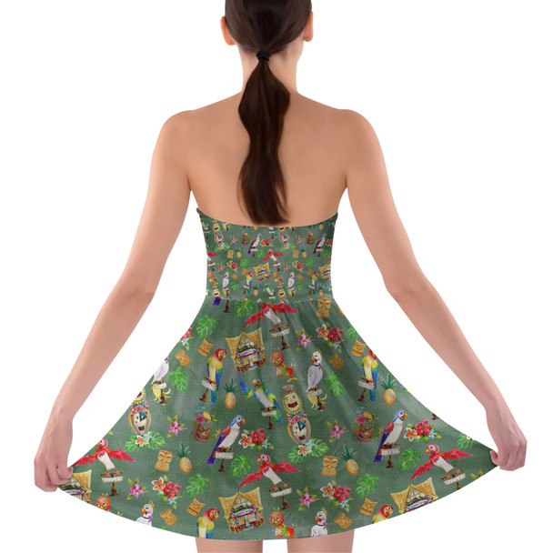 Sweetheart Strapless Skater Dress - Orange Bird & Tiki Friends