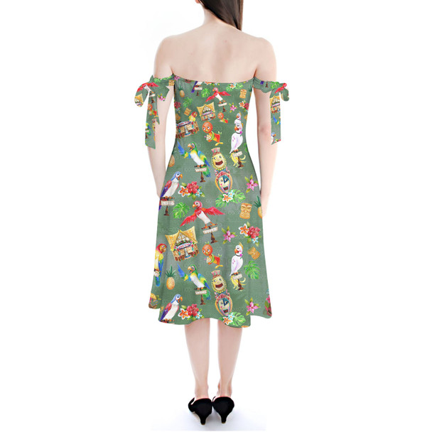 Strapless Bardot Midi Dress - Orange Bird & Tiki Friends