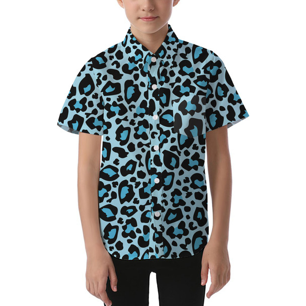 Kids' Button Down Short Sleeve Shirt - Ken's Bright Blue Leopard Print