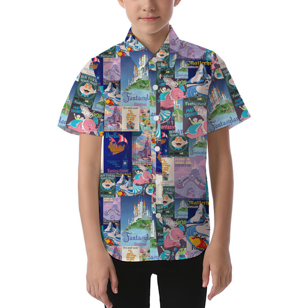 Kids' Button Down Short Sleeve Shirt - Fantasyland Vintage Attraction Posters