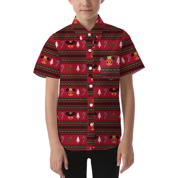 Kids' Button Down Short Sleeve Shirt - Christmas Mickey & Minnie Sweater Pattern