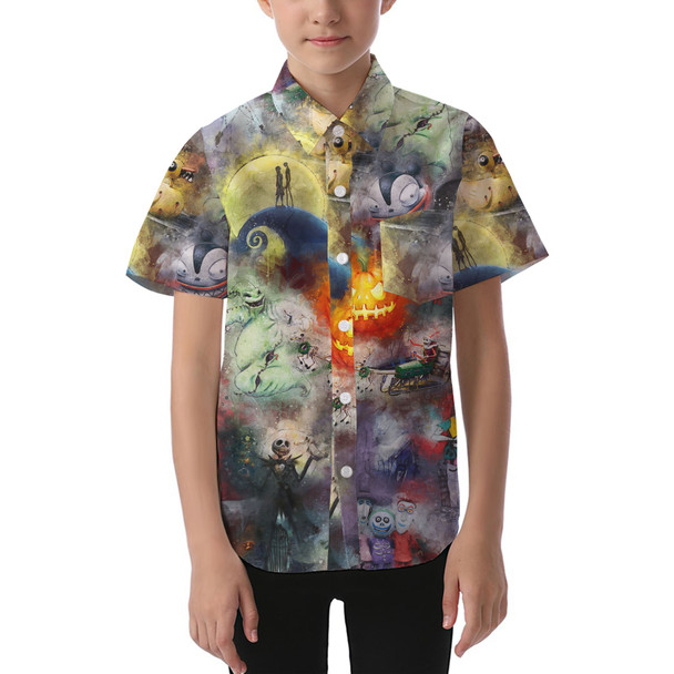 Kids' Button Down Short Sleeve Shirt - Watercolor Nightmare Before Christmas