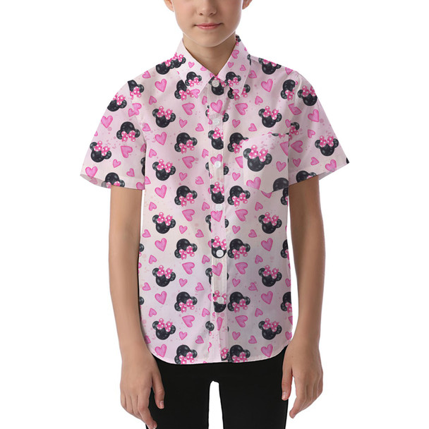 Kids' Button Down Short Sleeve Shirt - Watercolor Minnie Mouse In Pink