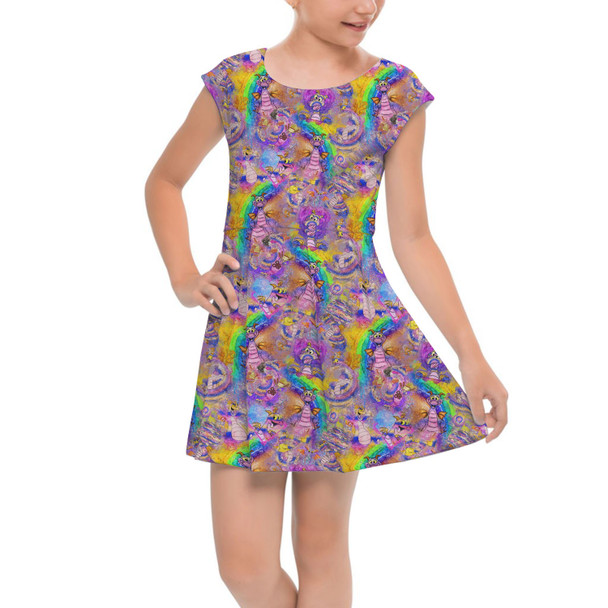 Girls Cap Sleeve Pleated Dress - Figment Watercolor Rainbow