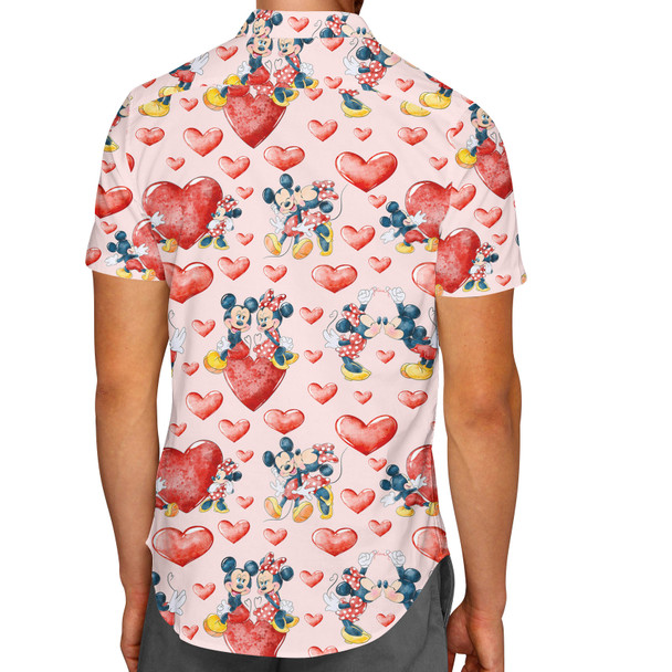 Men's Button Down Short Sleeve Shirt - Valentine Mickey & Minnie