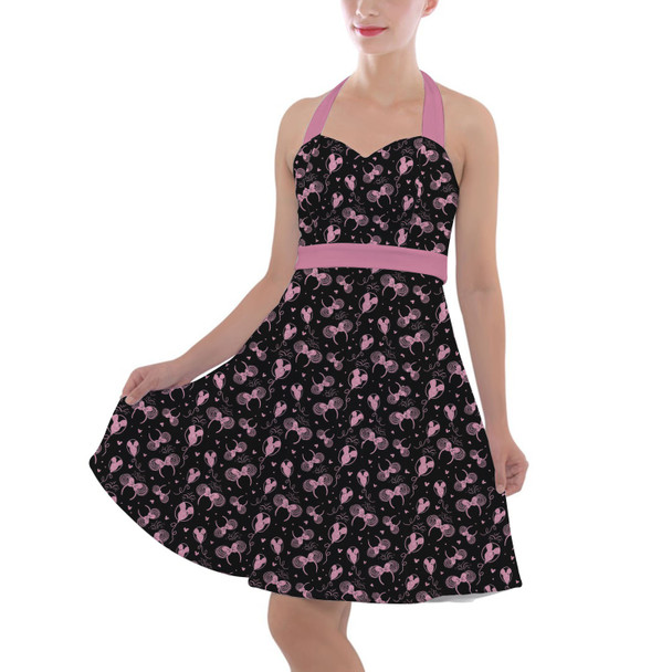 Halter Vintage Style Dress - Pink Glitter Minnie Ears and Mickey Balloons