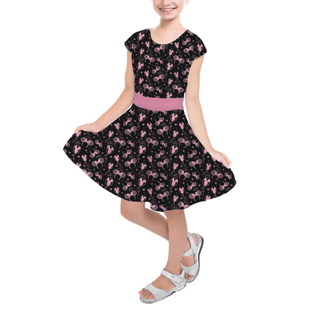 Girls Short Sleeve Skater Dress - Pink Glitter Minnie Ears and Mickey Balloons
