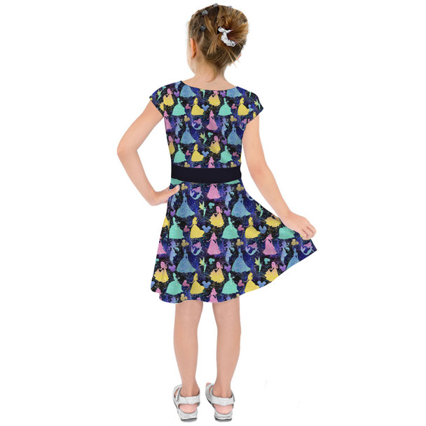 Girls Short Sleeve Skater Dress - Princess Glitter Silhouettes