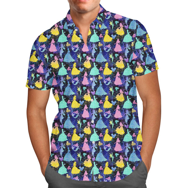 Men's Button Down Short Sleeve Shirt - Princess Glitter Silhouettes