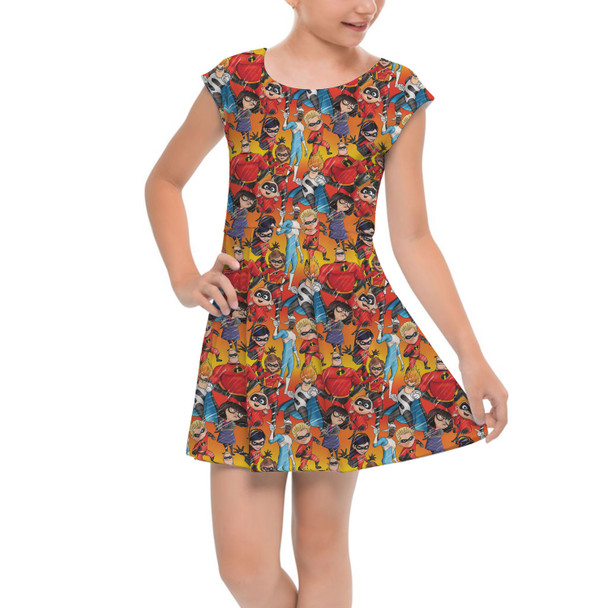Girls Cap Sleeve Pleated Dress - The Incredibles Sketched