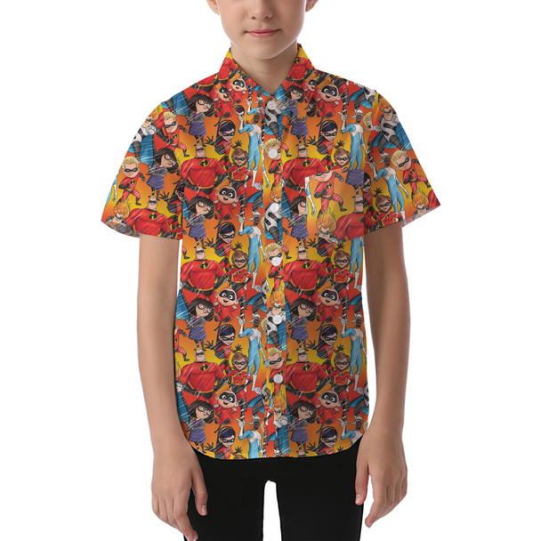 Kids' Button Down Short Sleeve Shirt - The Incredibles Sketched