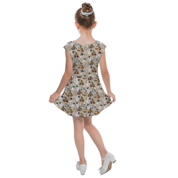 Girls Cap Sleeve Pleated Dress - Wall-E & Eve Sketched