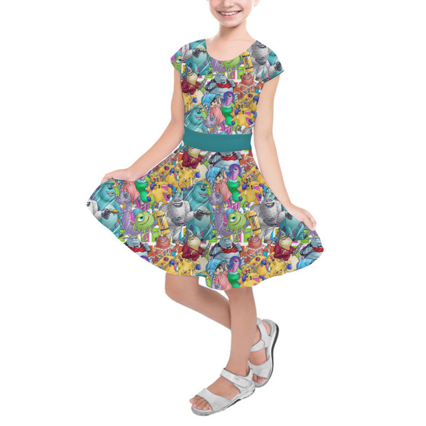 Girls Short Sleeve Skater Dress - Monsters Inc Sketched