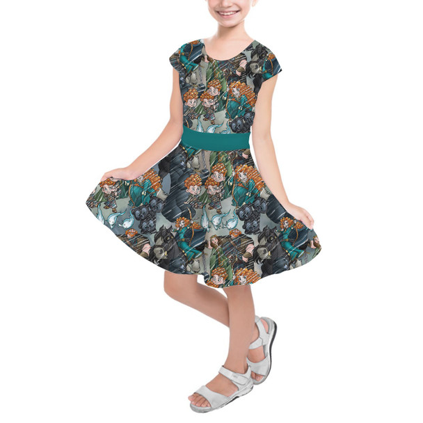 Girls Short Sleeve Skater Dress - Merida Sketched