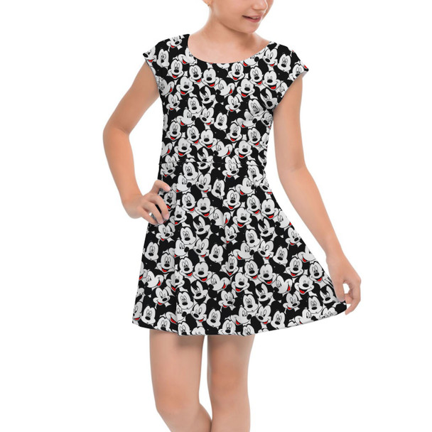 Girls Cap Sleeve Pleated Dress - Many Faces of Mickey Mouse