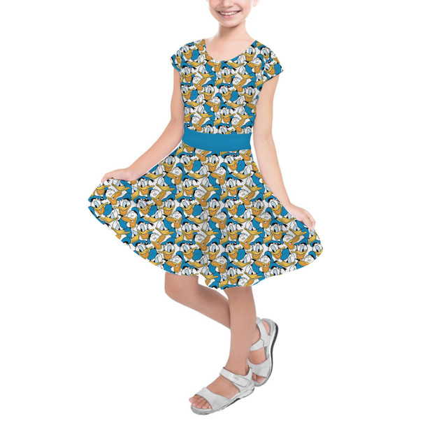 Girls Short Sleeve Skater Dress - Many Faces of Donald Duck
