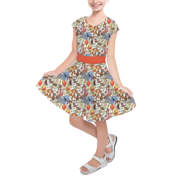 Girls Short Sleeve Skater Dress - Winnie The Pooh & Friends Sketched