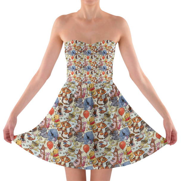 Sweetheart Strapless Skater Dress - Winnie The Pooh & Friends Sketched