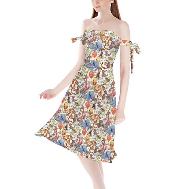 Strapless Bardot Midi Dress - Winnie The Pooh & Friends Sketched