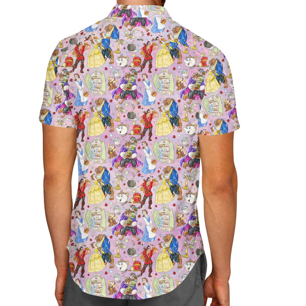 Men's Button Down Short Sleeve Shirt - Beauty And The Beast Sketched