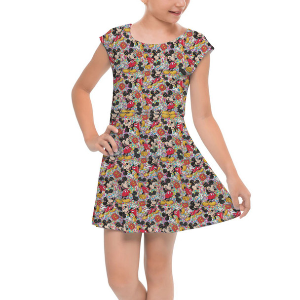 Girls Cap Sleeve Pleated Dress - Mickey Mouse Sketched