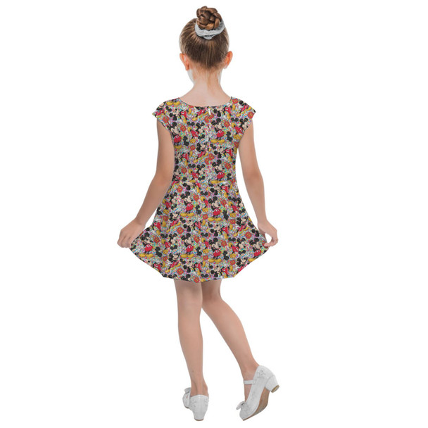 Girls Cap Sleeve Pleated Dress - Mickey Mouse Sketched