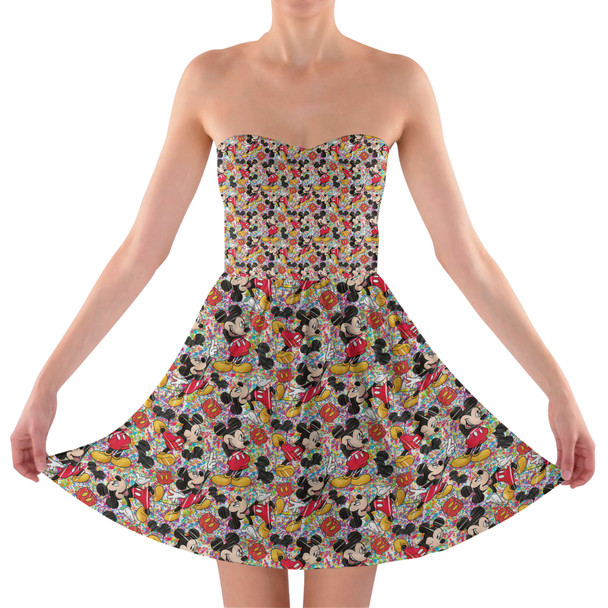 Sweetheart Strapless Skater Dress - Mickey Mouse Sketched